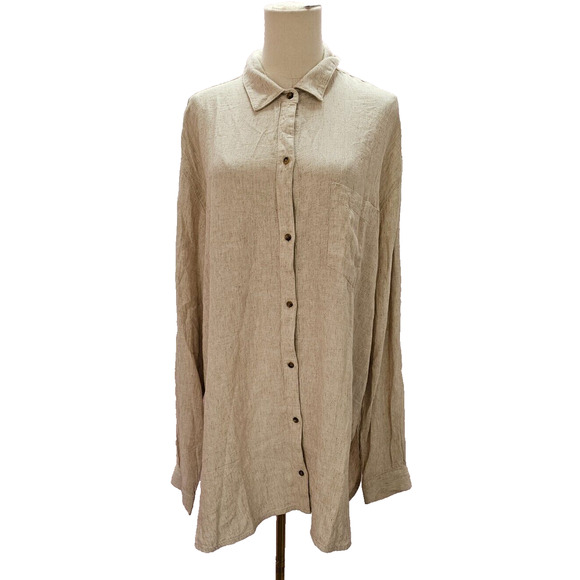 NWT Old Navy Linen Blend Natural Tan‎ Button Long Boyfriend Shirt Blouse Lg TALL - Picture 1 of 3